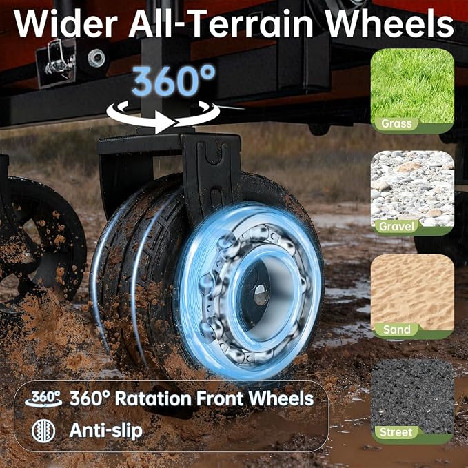 Extra Long Collapsible Wagon Cart, 480LBS Heavy Duty Utility Wagons with All-Terrain Wheels, Foldable Grocery Carts for Gardening, Shopping, Beach, Camping, Cherry Red
