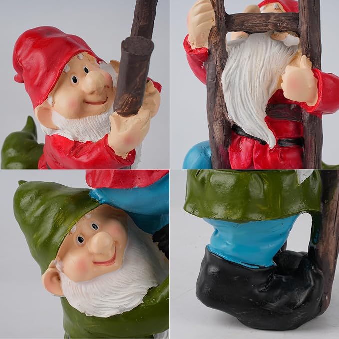 Elenon Funny Gnomes on Ladders Garden Statue, 14“ HIGH Gnomes Climbing Tree Figurine, Resin Outdoor Yard Lawn Decor, Cute Whimsical Patio Ornament for Garden, Porch, Backyard Decoration