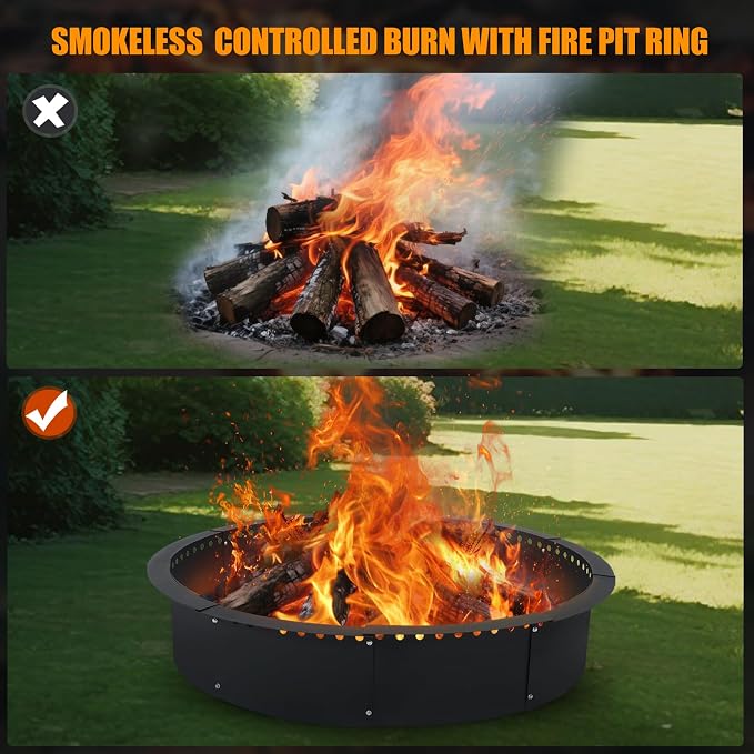 36 Inch Smokeless Fire Pit Ring, Heavy Duty Steel Fire Pit Ring Insert with Air Vent Design, 40 Inch Outer Diameter Round Fire Ring for Outdoor Wood Burning, Backyard, Patio, Garden & Camping