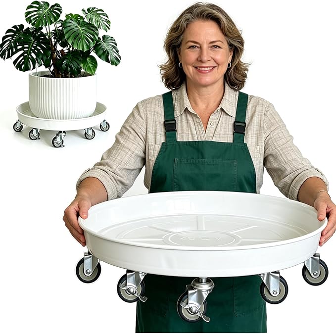 Rolling Planter Caddy(470lbs Capacity), Heavy Duty Metal Plant Stand with Brake Wheels Plant Dolly Mover Plant Pot Tray Saucer for Indoor Outdoor 18inches White
