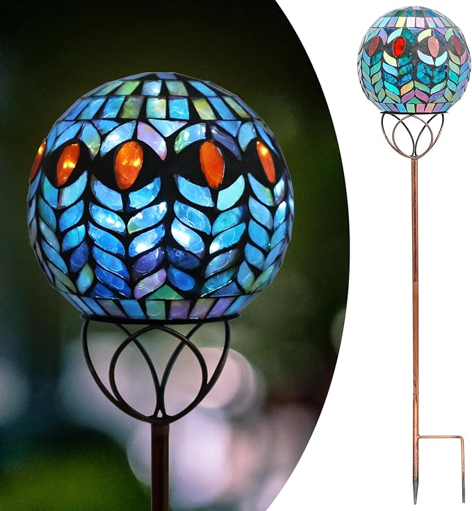 Solar Outdoor Decorative Light, Mosaic Ball Stake for Yard Decor, 6" | 6" Crackle Glass Sphere Mosaic Glass Ball Stake, Waterproof Design & Solar Lights for Lawn, Yard & Pathway Decor, Green