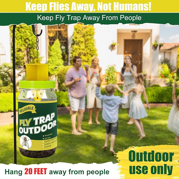 3 Pack Reusable Fly Traps Outdoor, Fly Killer Catcher Jar with 6 Natural Fly Bait Refills Lure, Flies Bug Insect Trap Control Outdoor Hanging for Outside Barns, Stable, Farm, Patio