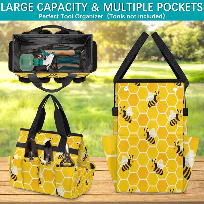 Garden Tote Bag with Pockets Honey Bees Gardening Bags for Tools Organizer Heavy Duty Storage Bag with Handle for Lawn Yard Casual