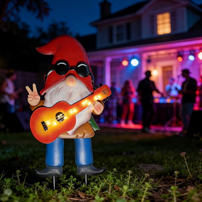 28" Solar Garden Gnome Decor with Light Up Guitar - Outdoor Decorative Stake for Patio, Yard & Lawn | Unique Rock Music Gnome Decor