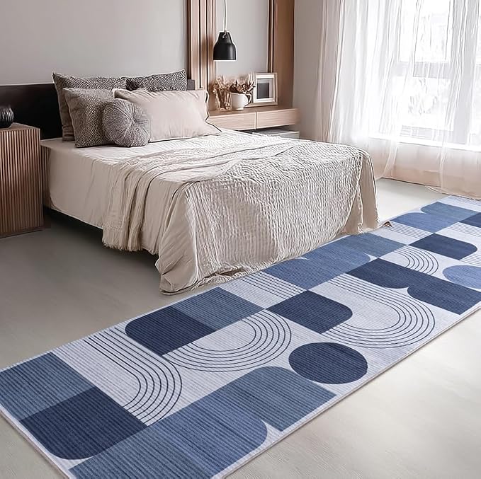 Soft Modern Geometric Abstract Machine Washable 2.7x10 Runner Rug | Blue Rugs for Bedroom Living Room, Non-Shedding Faux Wool Indoor Throw Floor Carpet for Office Entryway Dining Room Decor