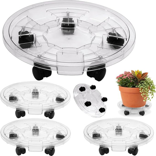 4 Packs 18 inches Extra-large Clear Plant Caddy Plant Saucers on Wheels Rolling Plant Stands Heavy-duty Plant Dolly Plastic Planter Roller Base Pot Movers Outdoor Plant Tray Coaster