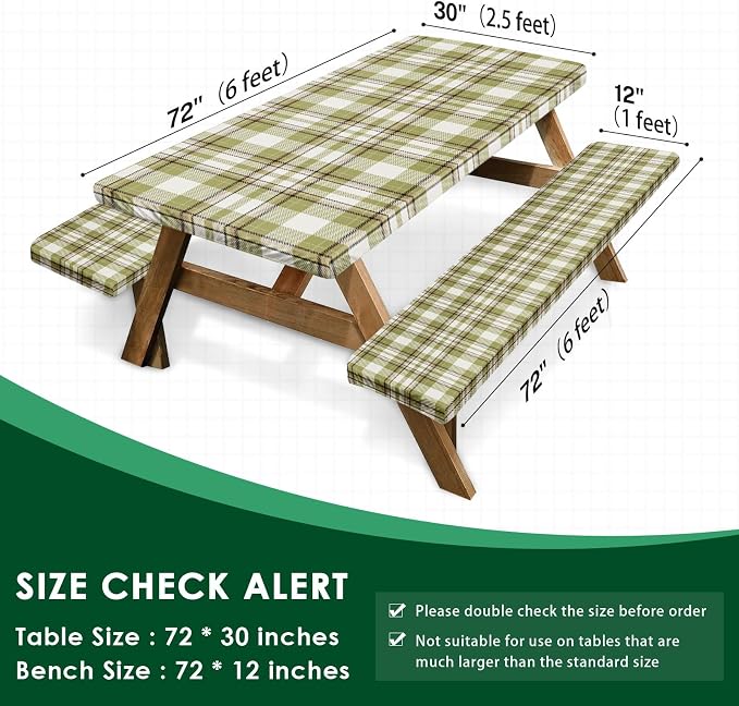 Picnic Table Cover with Bench Covers Elastic Edges, Green Plaid Fitted Table Cover, Outdoor Patio Camping Essentials 72 Inch 3PCS, Waterproof Camping Fitted Tablecloth with Drawstring Bag
