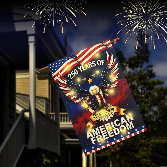 Lighted 250th Anniversary USA Garden Flag for Outside, Solar Led Double-sided Patriotic Banner with 1776-2026 250 Years of American Freedom Design for Independence Day, July 4th Decor (LED USA Eagle, 28 x 40 Inch)