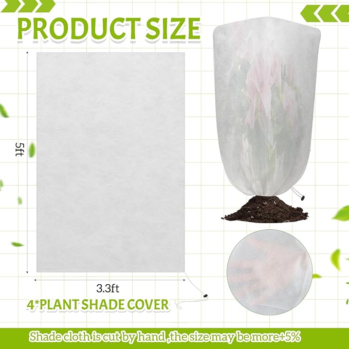 Mindsoft 4 Pcs 5 x 3.3 ft Garden Plant Shade Cover with Drawstring, Non-Woven Sun Protection Cloth for Tomatoes, Peppers, Bougainvillea, Cactus, Cherry Etc- UV & Sunlight Protection for Plants