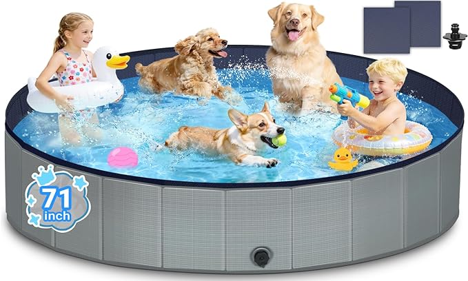 Dog Kiddie Pool for Large Dogs, Multiple Pets, Kids, 71" Gray | Includes Repair Patches, Non-Slip Bottom, Scratch-Resistant, Collapse Prevention, Indoor & Outdoor Use, Easy Maintenance