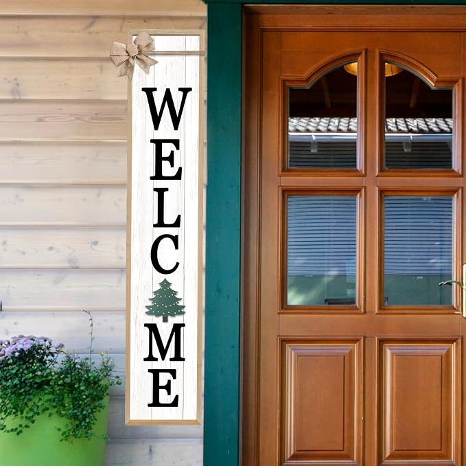 Interchangeable Welcome Sign for Front Door Standing, 45"X9" with 12 Pcs Replaceable Icons Rustic Outdoor Tall Front Porch Farmhouse Outside Wreath Leaner Vertical Decor (Wood)