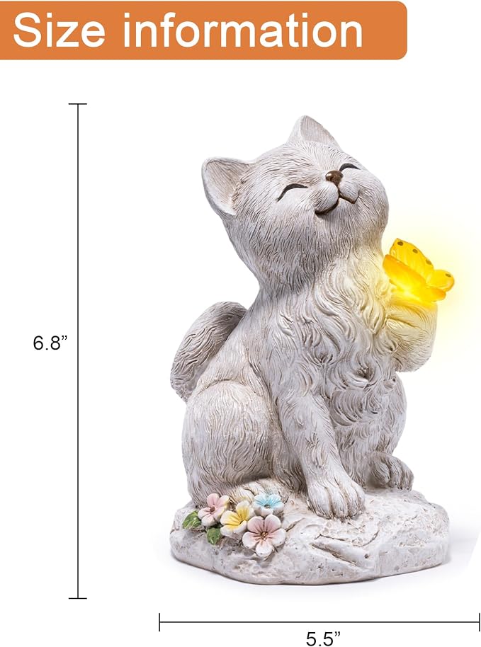 basen Solar Cat Statue with Glowing Butterfly, Outdoor Garden Cat Figurine Decor for Yard Lawn Patio, Resin Solar Animal Sculpture with LED Light for Garden Landscape Decoration