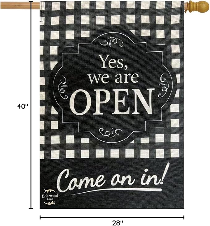 We Are Open Burlap House Flag Everyday Checkered 28" x 40" Briarwood Lane