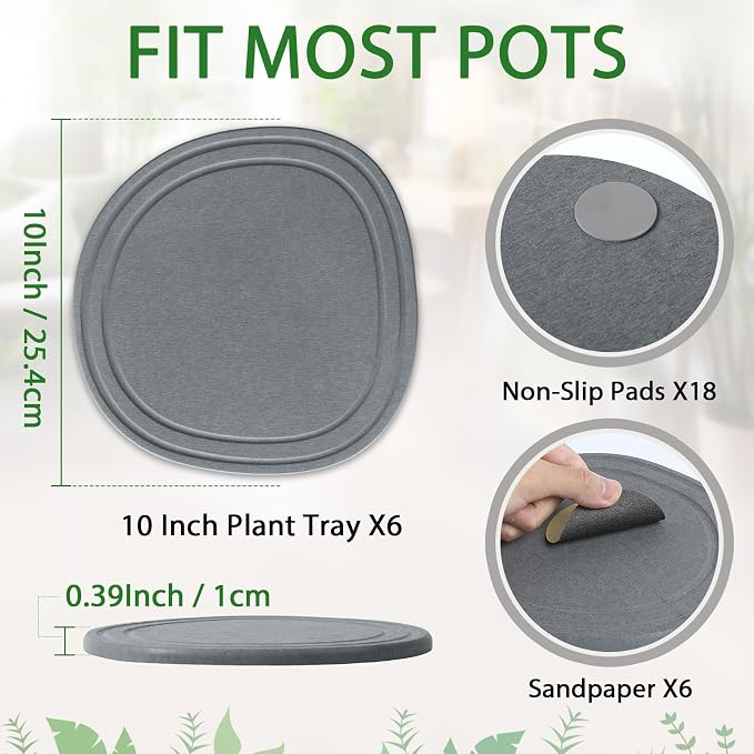 Linidcoud Plant Saucers for Indoors, 6 Pack 10" Quick Dry Diatomite Plant Drip Water Catcher Trays for Pots, Diatomaceous Earth Planter Drainage Saucers Plates to Catch Water for Flower, Stone Gray