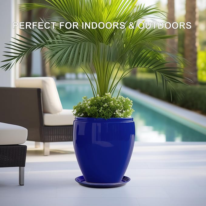 Plant Saucer for Outdoors - Ceramic Plant Saucer, 10 Inch Plant Trays for Indoors, Round Flower Pot Saucer, Large Plant Drainage Tray, Plant Plates to Catch Water Blue
