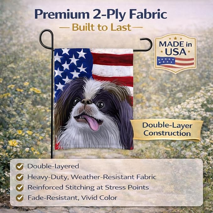 Caroline's Treasures CK6580GF Japanese Chin American Flag Garden Flag Mailbox Flag Decorative Yard Flag Banner Outside Patio Artwork Yard Flower Beds, Garden Size, Multicolor