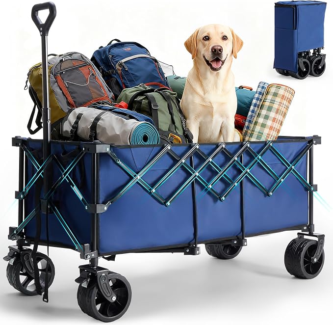 DUMOS 49''L Collapsible Extended Wagon with 440LBS Capacity, Heavy Duty Wagons Garden Cart with All-Terrain Big Wheels & Drink Holders, 250L Foldable Carts for Sports, Shopping, Camping, Blue