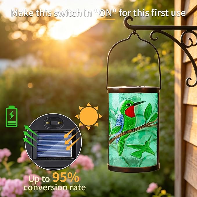Hanging Solar Lantern Outdoor Waterproof Hummingbird Solar Lights Glass Tabletop Decorative Lamp for Outdoor Patio Garden Outside Yard Decor