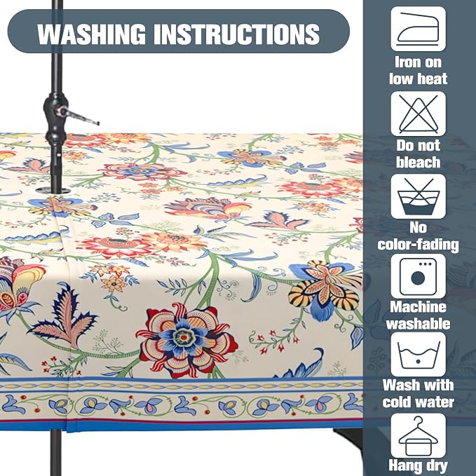 Vintage Flowers Outdoor Tablecloth with Umbrella Hole 60" x 84" Waterproof Zipper Table Cloth for Garden - Ideal Patio Table Cover for Picnics, Camping, and Yard Use