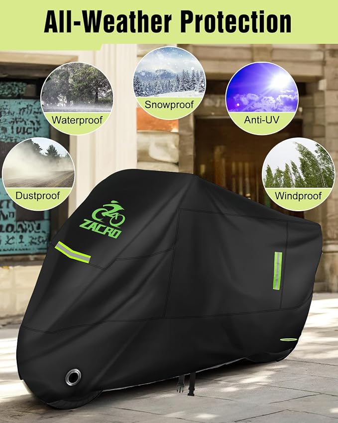 Zacro 420D Heavy Duty Motorcycle Cover, Waterproof Outdoor All Weather UV Dust Snow Proof, Universal Fit for Harley Honda Yamaha Suzuki Scooter Dirt Bike