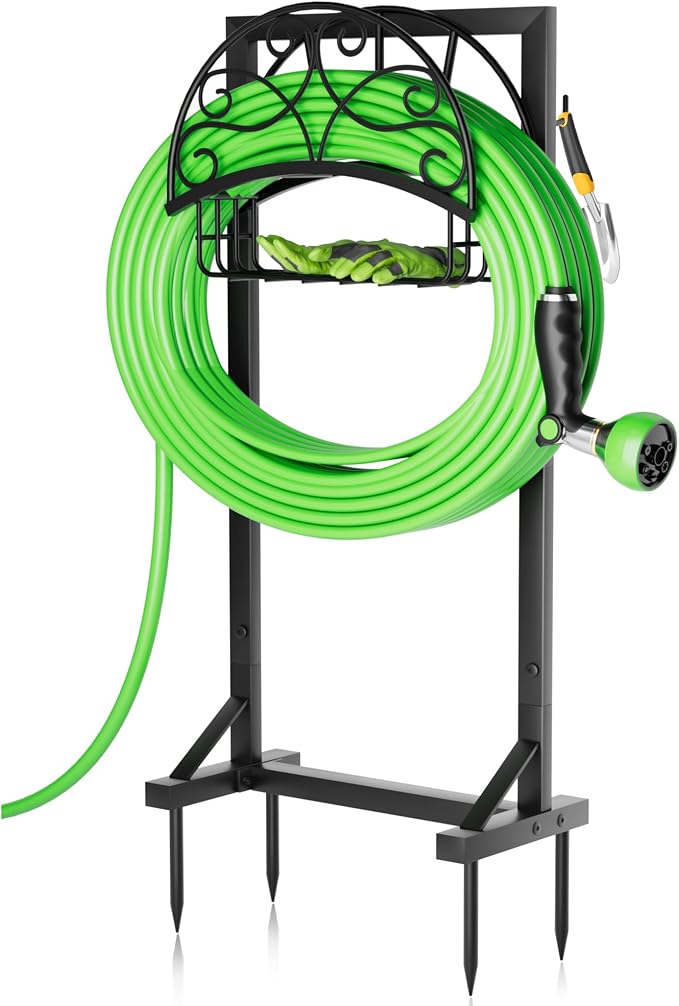 Heavy-Duty Garden Hose Holder with Storage Basket and Tool Hooks, Stable Freestanding Hose Stand Holds 160Ft, Metal Hose Hanger, Rustproof Water Hose Holder Storage for Outside,Yard,Lawn,Farm