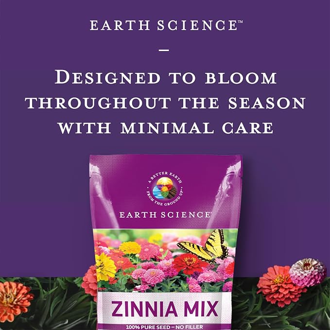 Earth Science Zinnia Seeds - 4oz, Over 12,000 Seeds, Non-GMO, No Harmful Chemicals or Pesticides, 1,000 Sq. Ft. of Vibrant Wildflower Blooms, Drought Tolerant and Easy to Grow