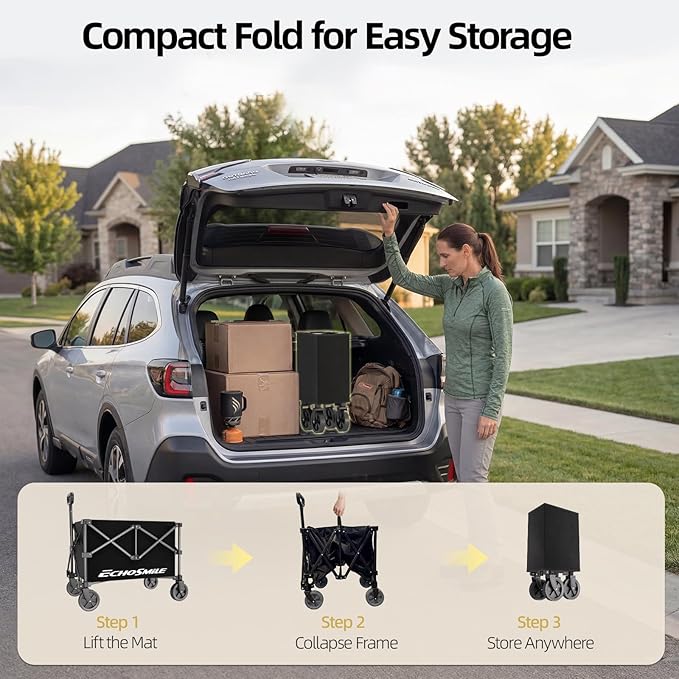 EchoSmile Lightweight Collapsible Wagon Cart, Compact Foldable Wagon for Grocery, Camping & Sports, Easy Fold Utility Wagon,Black