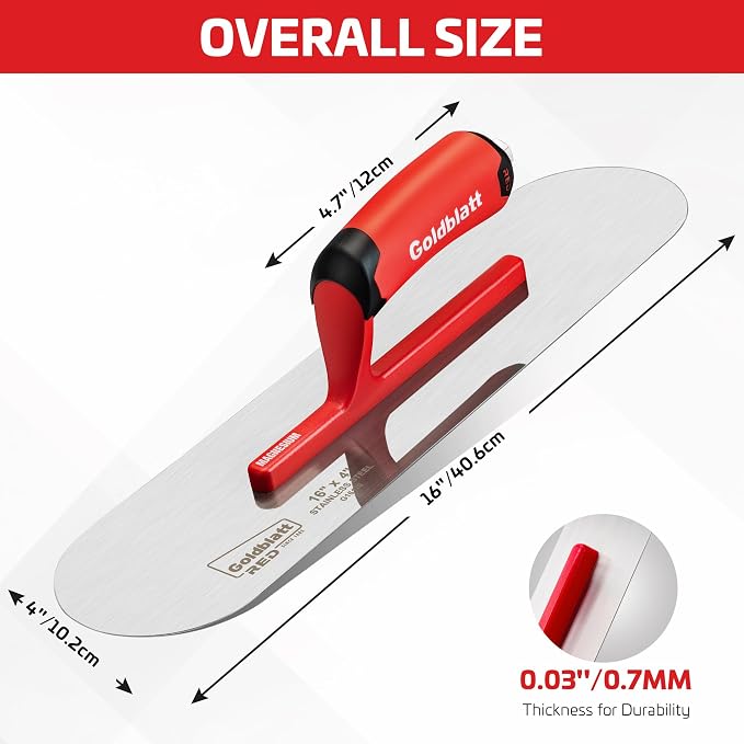 Goldblatt RED Stainless Steel Pool Trowel, 16"x 4" Professional Drywall Masonry Trowel with Soft Grip Handle, Lightweight Magnesium Shank, Round End, Plastering Trowel for Drywall Wallboard