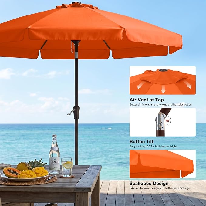 ABCCANOPY 10ft Scalloped Patio Umbrella, Outdoor Table Umbrella with Tilt and Crank, Fiberglass Ribs Deck Umbrella for Patio, Pool, Garden, Picnic (Orange)
