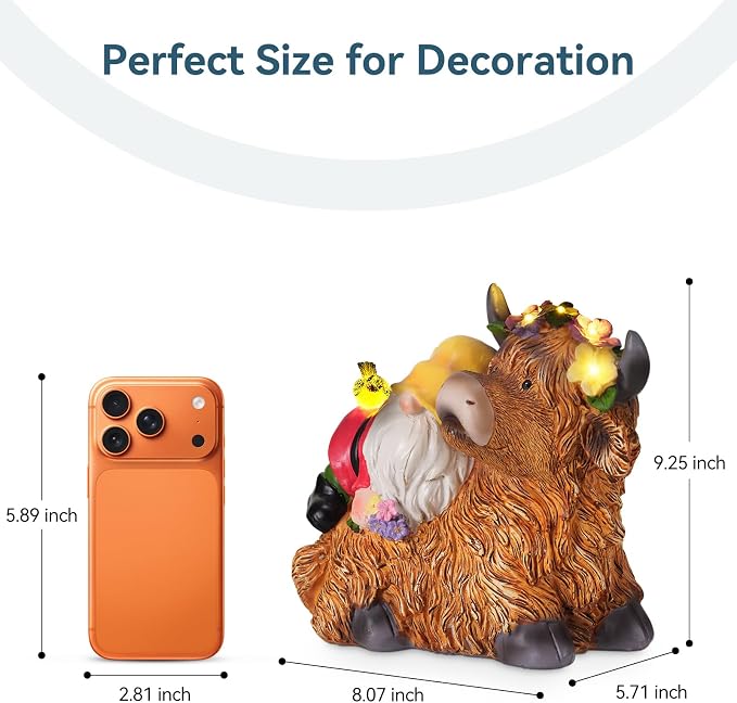 Highland Cow Gnome Statue, Highland Cow Gnomes Garden with LED Lights and Bird, Solar Garden Statues for Yard, Patio, Balcony, Lawn Ornaments Figurines Gifts for Women, Mom