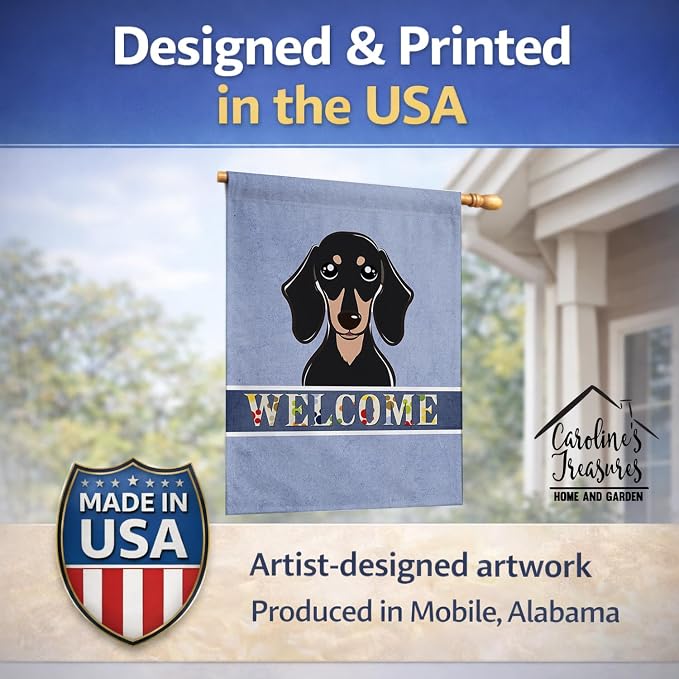 Caroline's Treasures BB1401CHF Smooth Black and Tan Dachshund Welcome House Flag, Blue Large Porch Sleeve Pole Decorative Outside Yard Banner Artwork Wall Hanging, Polyester, House Size, Multicolor