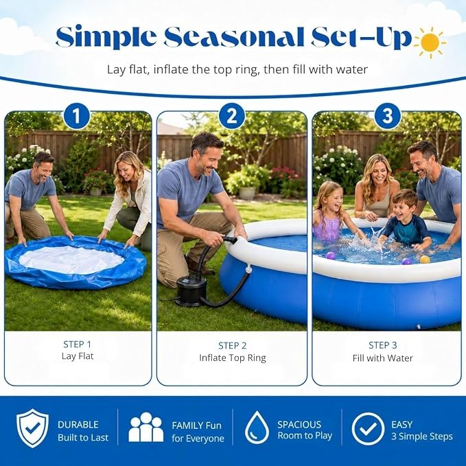 Large Inflatable Pool, 8 ft x 25 in (244 x 63 cm), Blue and White Round 3-Ply Laminated Mesh PVC Backyard Swimming Pool for 3-4 People, Foldable Kiddie Pool for Family Summer Fun