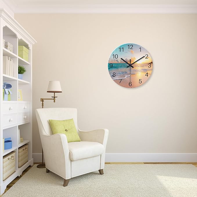 Blue Beach Wall Clock Battery Operated 12 Inch | Round Glass Wall Clock Non Ticking Analog Coastal Wall Clocks for Bedroom Living Room Office Kitchen Decor