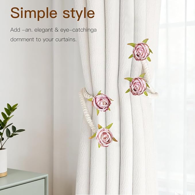 Decorative Rose Curtain Tieback with Artificial Flowers, Pink Roses on White Twisted Rope, Elegant Window Treatment 6pcs (6)