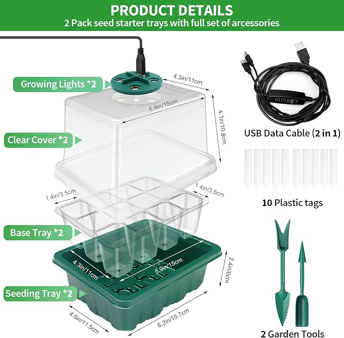 Qoolife Seed Starter Tray with Plant Light, 2 Pack Grow Lights for Seed Starting Kit with Humidity Domes, Timing Controller Adjustable Brightness for Greenhouse Propagator Station Planting Growing
