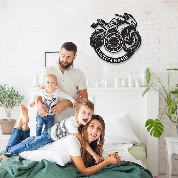Personalized Motorcycle Wall Clock, Custom Name Outdoor Clocks Waterproof, Non Ticking, Battery Operated, Modern Metal Wall Clock Decor for Garage Workshop Farmhouse Man Cave, Gift for Men