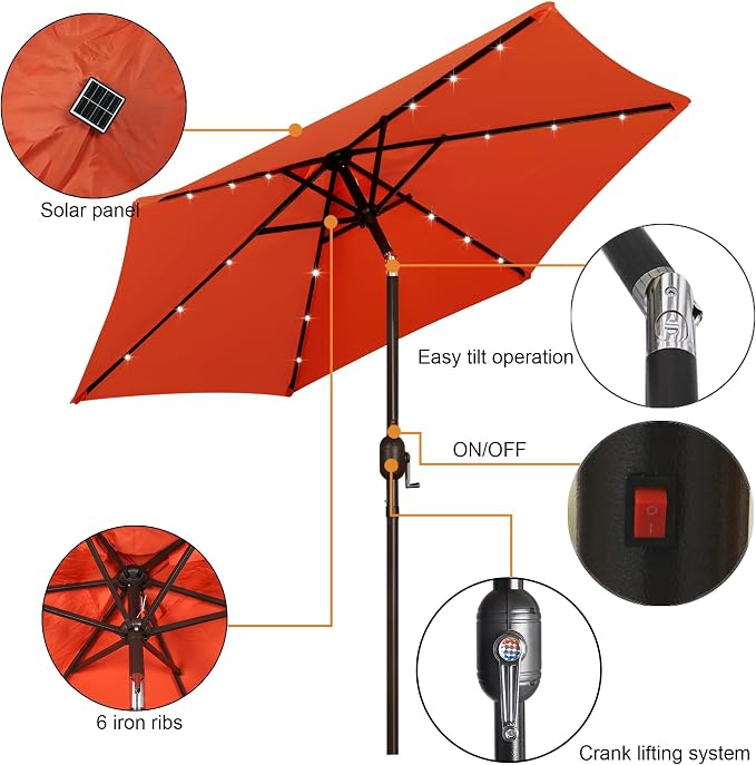 Blissun 7.5 ft Solar Umbrella, 18 LED Lighted Patio Umbrella, Table Market Umbrella