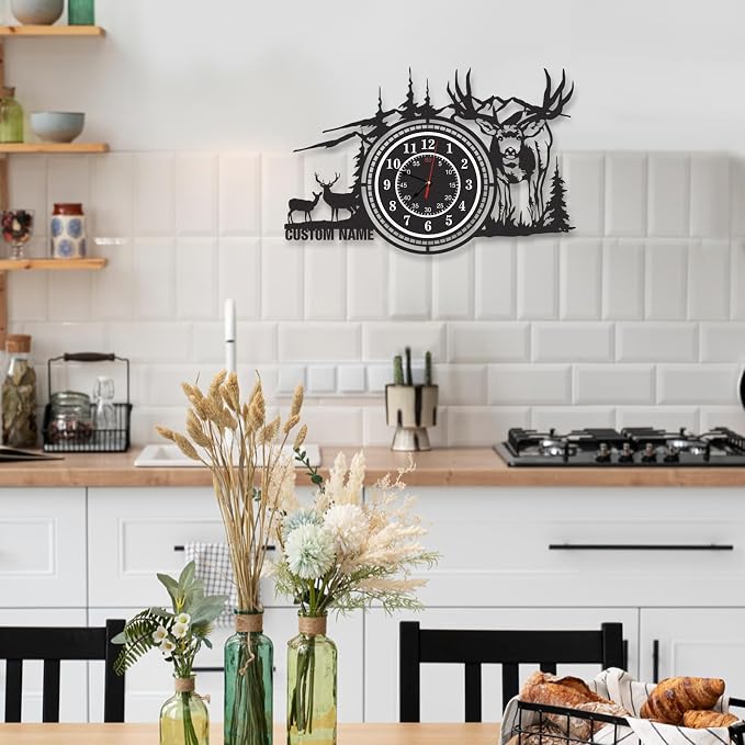 Personalized Name Outdoor Wall Clock, Metal Deer Wall Clock, Silent Non Ticking, Battery Operated, Deer Wall Art, Black Rustic Clocks for Living Room Farmhouse, Hunting Gifts, Cabin Decor