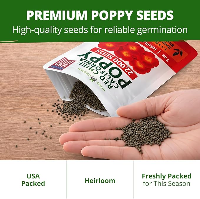 HOME GROWN California Poppy Seeds for Planting Red Chief 22,000 Seeds (29g), Red Blooms, Heirloom Non-GMO, Wildflower & Pollinator Gardens, Drought Tolerant, Zones 2–10 (Eschscholzia californica)