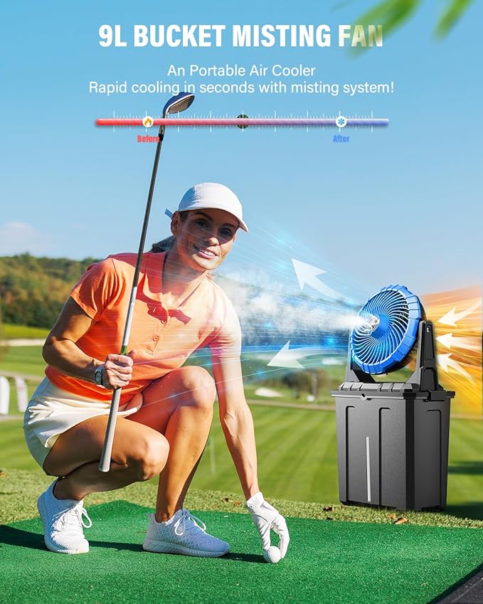 Ausic 10″ 9L Portable Misting Fan, [Max 55Hrs] Outdoor Mister Fan for Outside Patios Golf, 20000mAh Rechargeable Battery Operated Travel Water Cooling Fan, Camping Patio Accessories - 3 Spray Misters