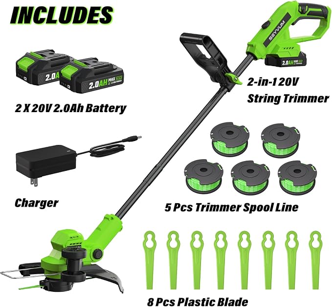 SEYVUM String Trimmer, 20V 12-inch Cordless Weed Trimmer with Auto Line Feed, 2 X 2.0Ah Battery Powered Lawn Edger with 5 Pcs Spool Line & 8 Pcs Plastic Blades, Fast Charger Included, Green