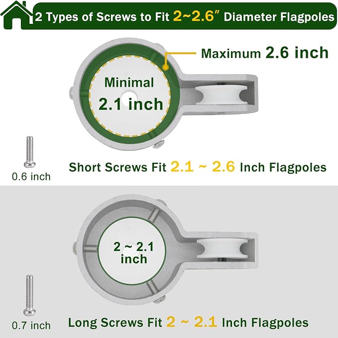 Flag Pole Pulley and Rope kit for 2" to 2.6" Diameter Flag Poles, 50FT Rope, 3.5" Flag Pole Topper, Cast Aluminum Flag Pole Truck, Metal Snap Clips and Cleat(Silver)