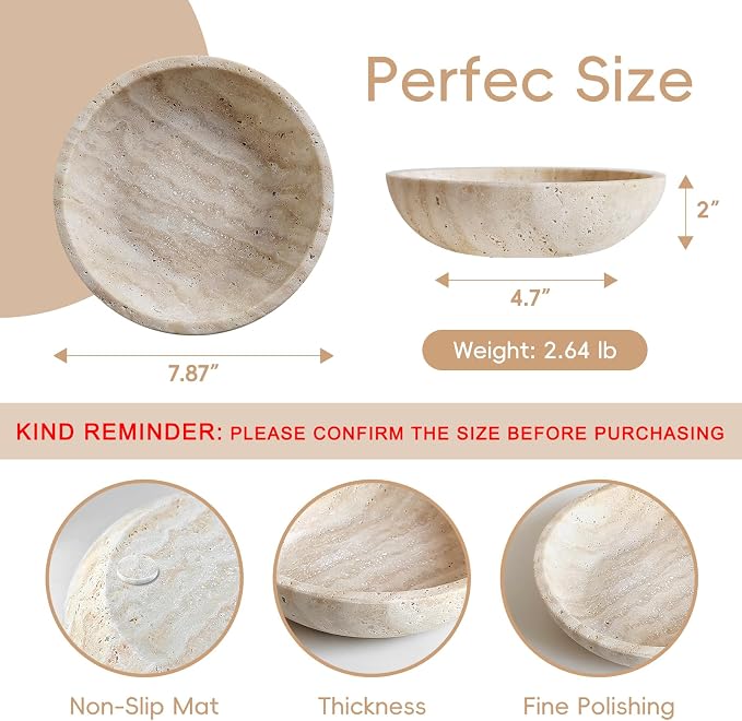Travertine Bowl,Decorative Bowl Modern Key Bowl for Entryway Table, Pedestal Bowls for Dining Table Center,Living Room, Kitchen Decor Modern Home Decor Marble Bowls (7.8 Inch)