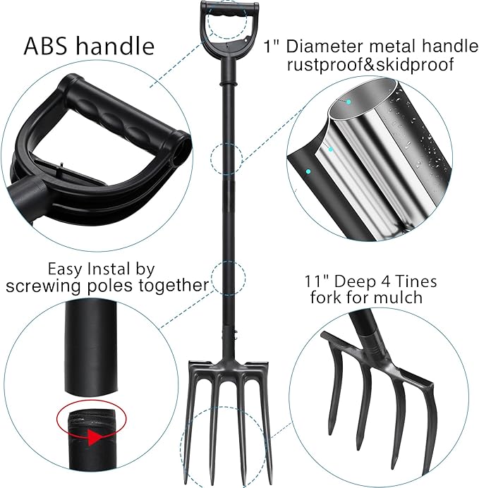 Pitch Fork, Metal Broadfork Garden Tool Long Handle, 4 Tine Mulch Hay Manure Digging Bedding Hay Potato Garden Fork Shovel for Gardening Loosening Soil Compost
