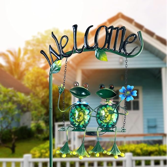 Solar Lights Outdoor Waterproof, Frog Swing Garden Decor, Frog Decorative Stake with Welcome Sign Landscape Patio Yard Gifts for Women Mom (48 inch)