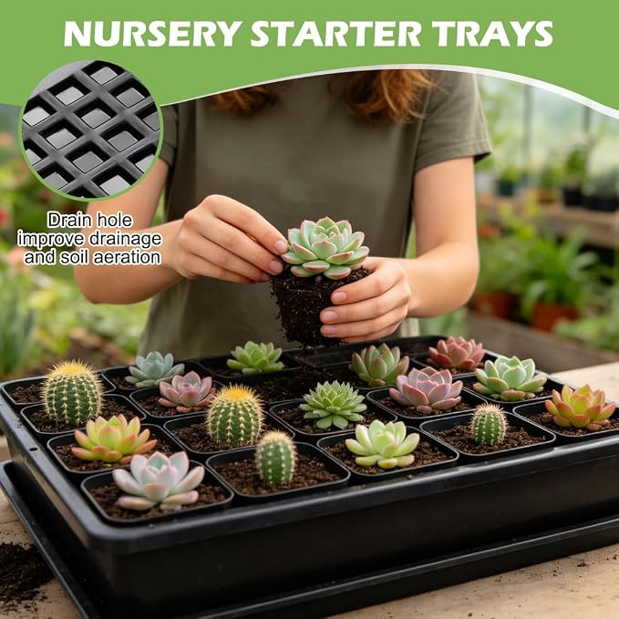 RooTrimmer 5 Pack Soil Blocking Trays with 2.8 inch (7CM) Square Nursery Pots 100pcs, Plastic Flat Plant Tray for Holding or Collecting Drainage Water, Seed Starter Tray for Seed Germination (Black)