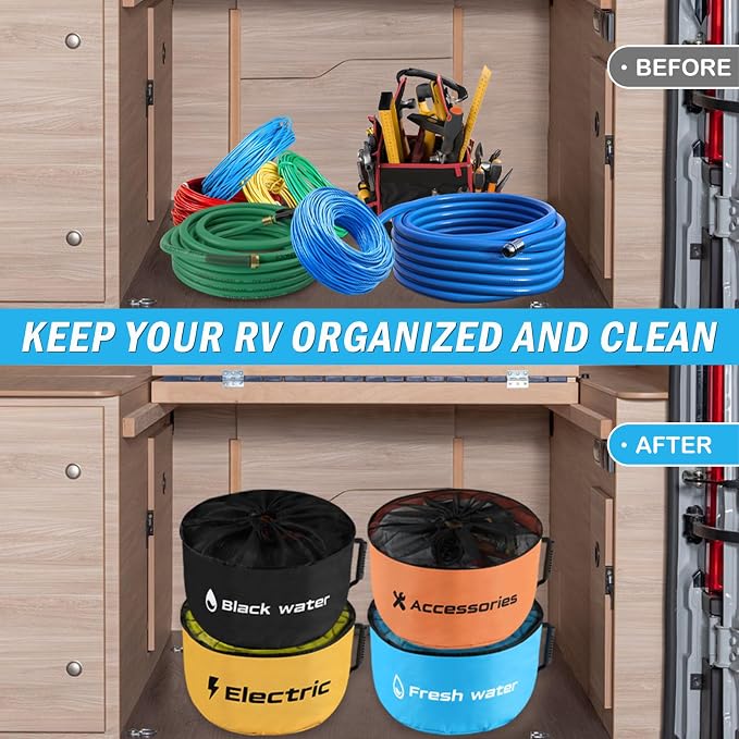 4 Pack RV Sewer Hose Storage with Drawstring Mesh Top, Waterproof RV Accessories Bags Utility Bag Organizer for Garden Fresh Water Hoses Electrical Cords Camper Tools
