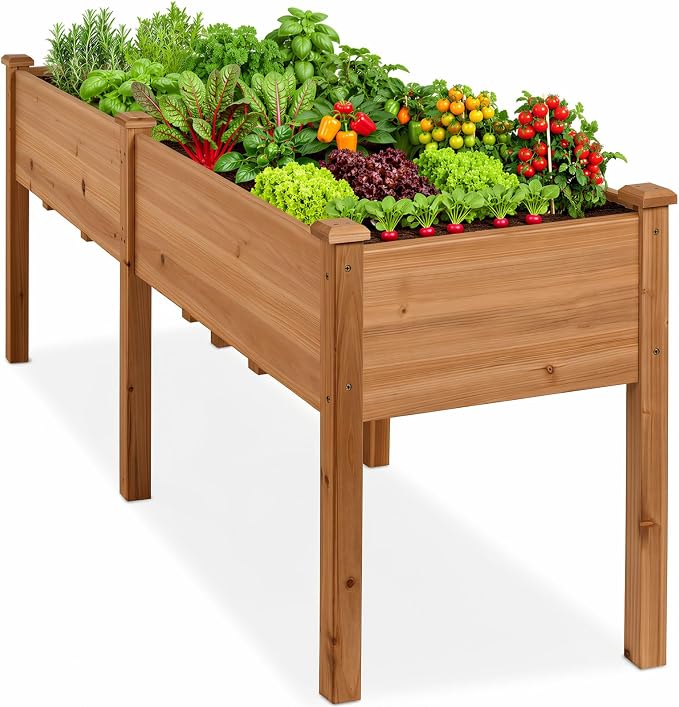 DUMOS Raised Garden Bed 72x23x30 Inch, Outdoor Planter Box with Legs, Elevated Wood Garden Bed with Liner for Herbs Flowers Vegetables, Wooden Planter Box for Patio, Balcony, Backyard, Brown