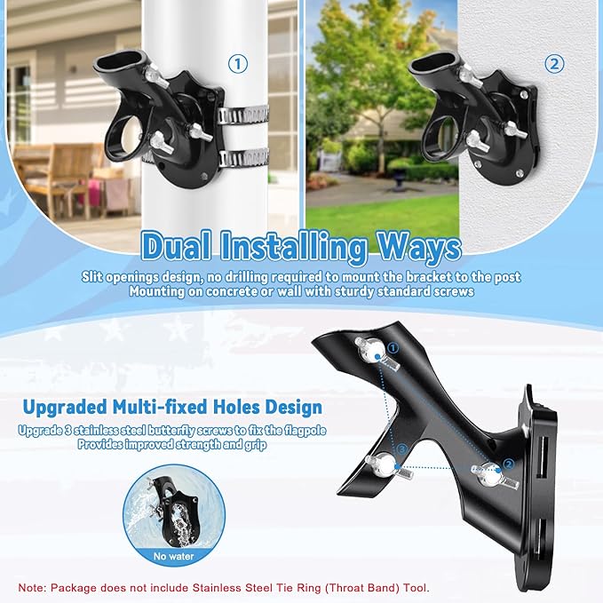 1" Flag Pole Holder for Outside House, REERON 2-Positions Metal Flagpole Brackets Mount, Aluminium Rustproof Flag Pole Wall Porch Mounting Bracket with 3 Fixed Holes & Steel Hardwares (Black-2 Pack)