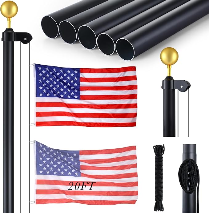 FuWeave Flag Poles for Outside House in Ground 20 ft Sectional Flag Pole Kit Extra Thick 16 Gauge Heavy Duty Aluminum Flag Pole with Gold Ball Top for Residential or Commercial(Black)